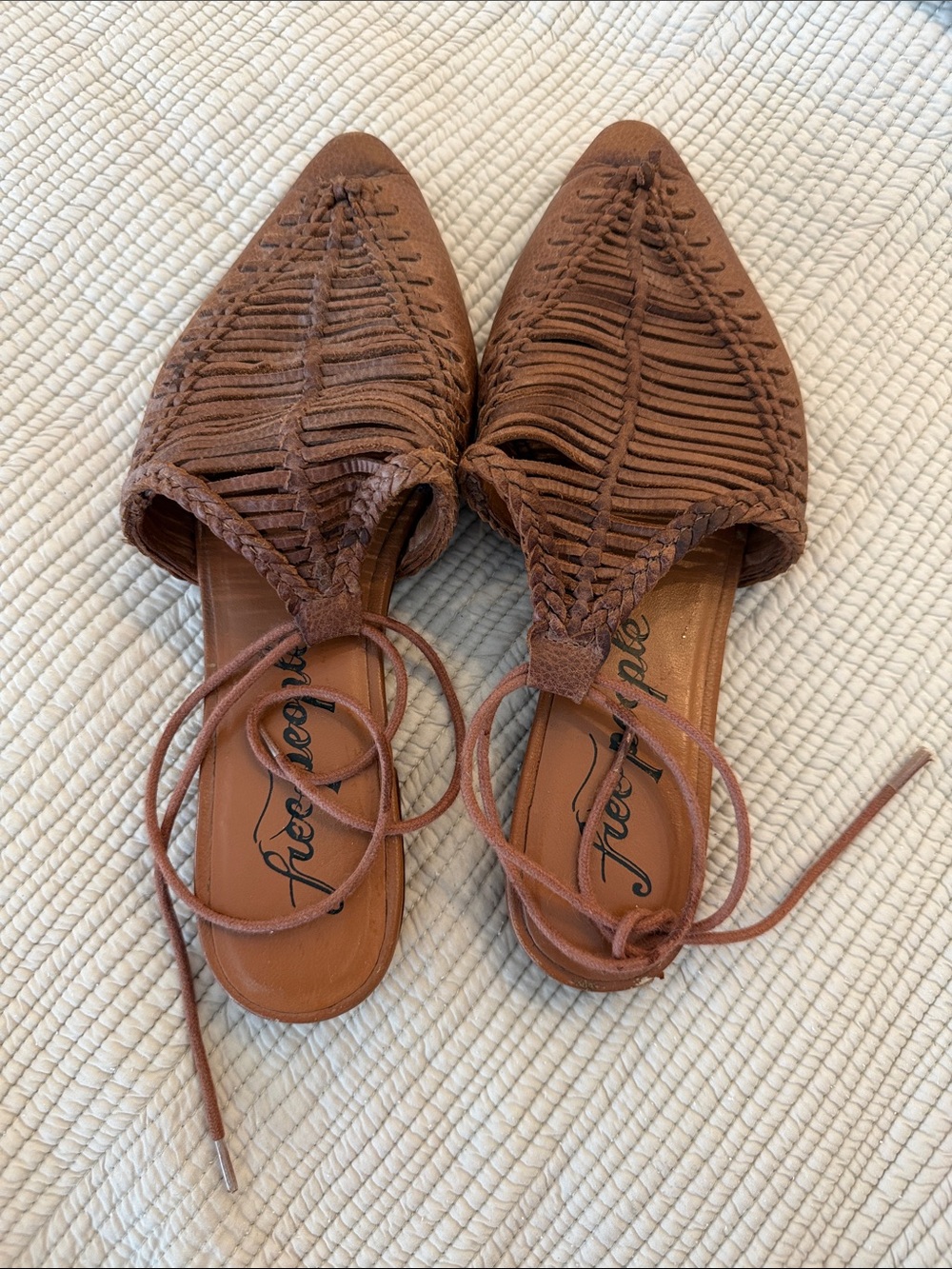 Free People Tan Braided Pointed-Toe Lace-Up Mules
